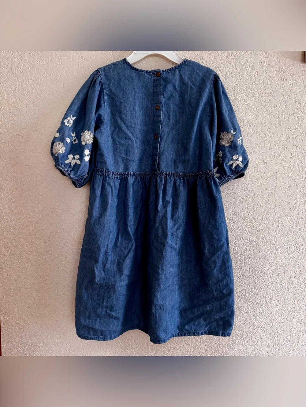 Bundle Set 2PC Dress Floral Puff-Sleeve Cream Blue Denim Embroidered Girls 10-12